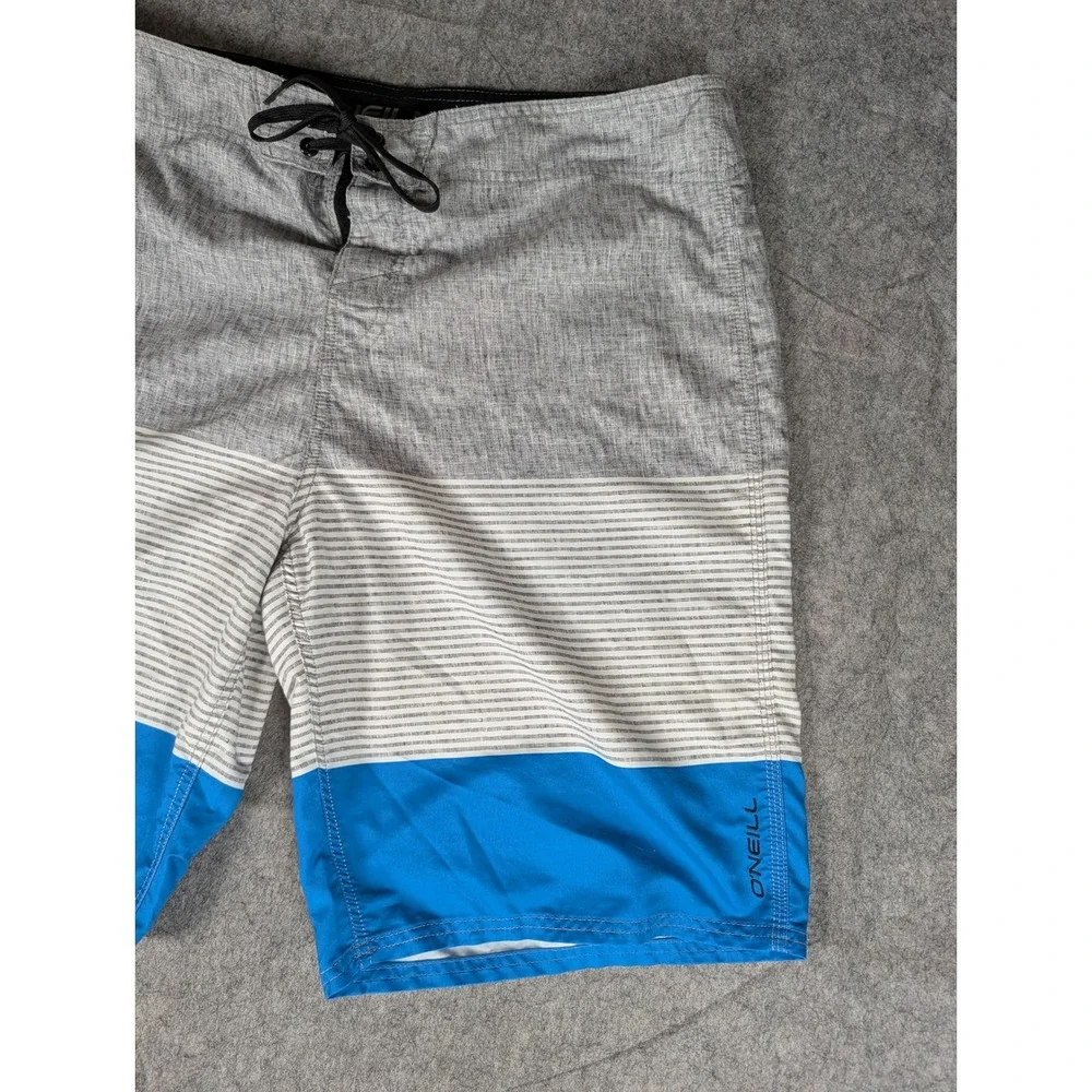 O'Neill Mens Board Shorts Grey Blue Striped Colorblock Swim Trunks Side Pocket